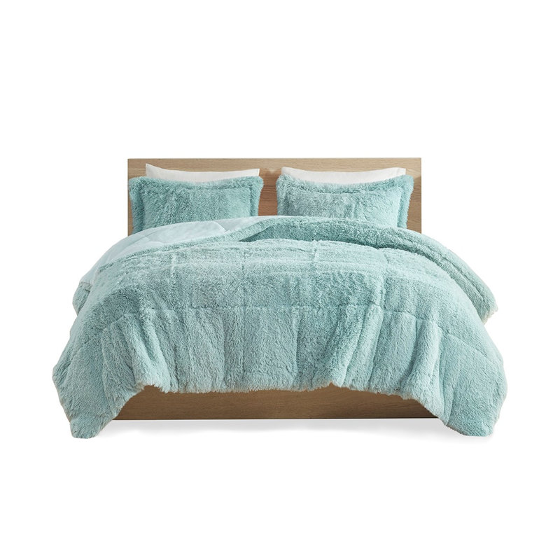 Ensemble d'édredon en fausse fourrure à poil long bleu simple / simple TG - literie moelleuse moelleuse avec rembourrage en polyester hypoallergénique