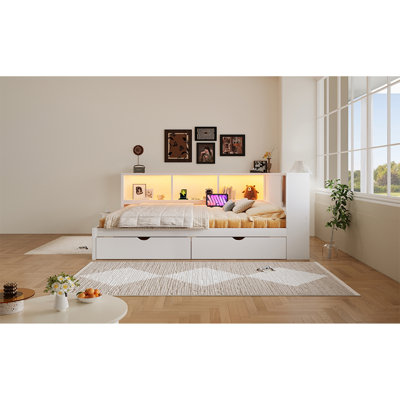 Queen Size Wood Daybed Frame with Dual Underbed Drawers Side Storage Bookcase and USB Charging White