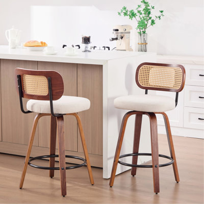 De 2 tabourets de bar de 26 pouces avec finition noire noyer, dossier aéré en canne, siège rembourré en lin beige, 360 pivotant pour îlot de cuisine et comptoir de salle à manger de hauteur 2, avec couleur, dossier
