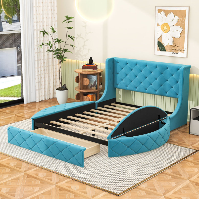 Grand lit plateforme tapissier en velours avec tête de lit à oreilles et rangement spacieux, Bleu