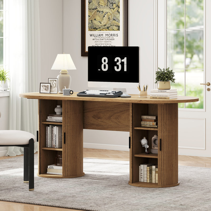 Bureau de direction ovale moderne en bois de 70 pouces avec armoire de rangement et 2 portes coulissantes., Chêne