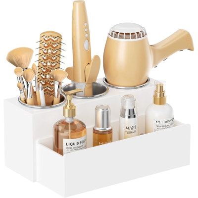 Rangement pour outils pour cheveux, support pour séchoir à cheveux en acrylique, rangement pour support de séchoir de comptoir de salle de bain, organisateur de coiffeuse pour accessoires, maquillage, fers à repasser, fers à friser et articles de toilette (blanc)
