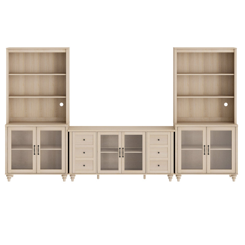 Sideboard Cabinet With Bar Hutch, Buffet Cabinet With 6 Glass Doors, 3 Tier Shelves And 2 Wood Storages, Light Beige, 125''