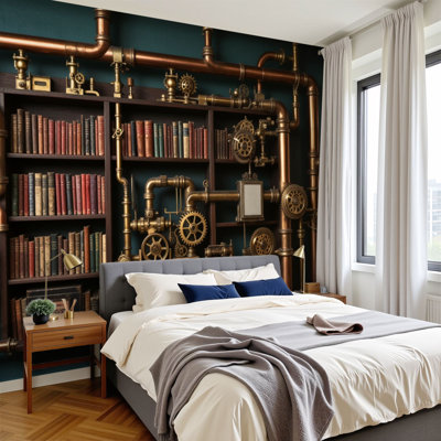 Steampunk Peel and Stick Wallpaper Steampunk Industrial Bookshelf Copper Pipes Gears Wall Art Wall Murals 100"H x 144"W Removable PVC Wall Paper Self-Adhesive Wall Decor for Bedroom Living Room Home Office
