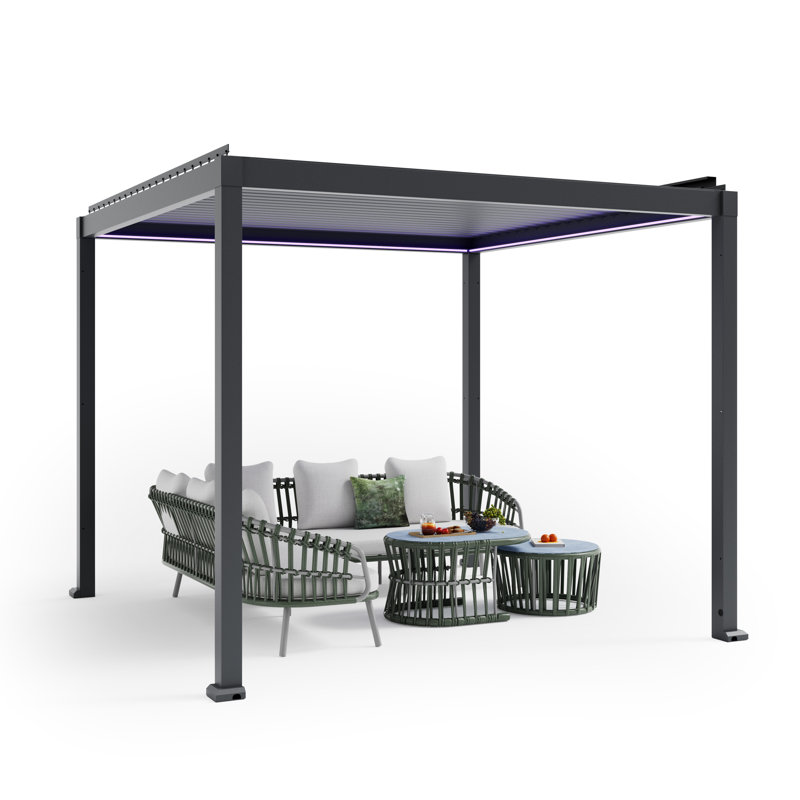 Pergola motorisée à persiennes en aluminium avec capteur de pluie solaire et lumières DEL intégrées, 10 pi x 10 pi