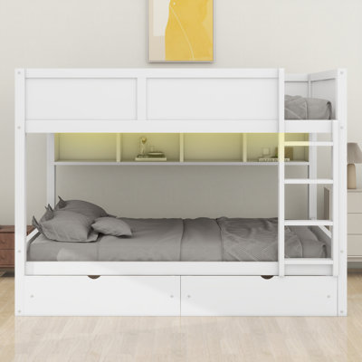 Lit superposé avec tablettes de rangement intégrées, lumière DEL et 2 tiroirs
