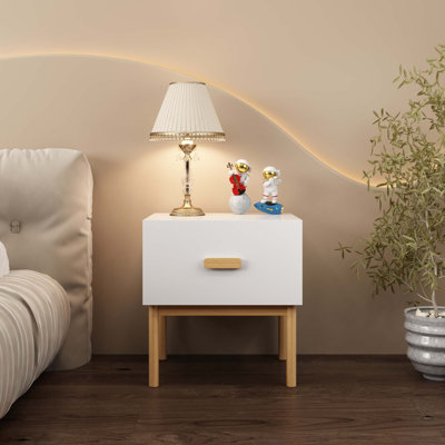 Table de chevet blanche moderne avec tiroir et pieds en bois