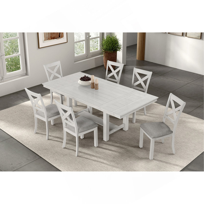 Contemporary 7Pc Dining Set White Oak Table W Leaf 6X Side Chairs Cross Back Cushion Seat Chair