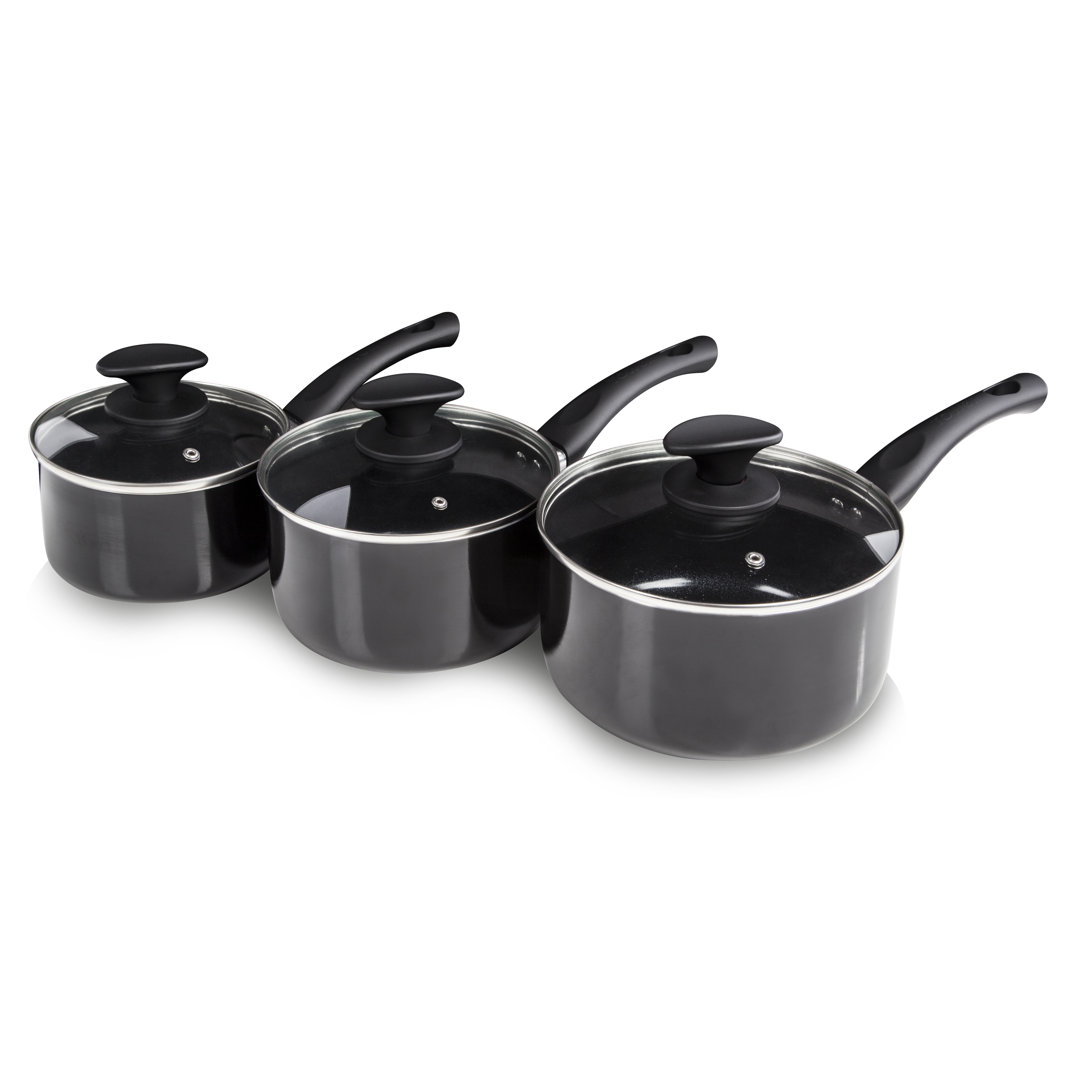 Tower T81507 Essentials Induction Pot Set, Non Stick Ceramic Coating, Easy to Clean, Dishwasher Safe, Black, 3 Piece, 16/18/20 cm