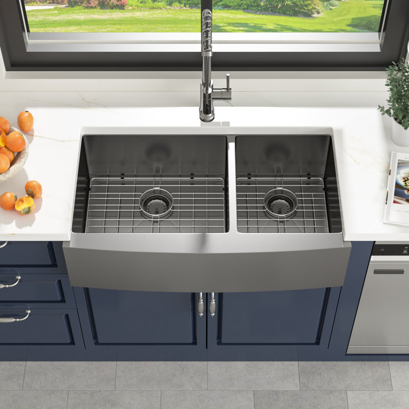 36" L x 21" W Double Bowl SUS304 Stainless Steel Farmhouse/Apron Kitchen Sink, Gunmetal Black