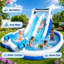 Double glissade d'eau gonflable avec mur d'escalade et grande piscine - Parc aquatique pour enfants avec ventilateur et accessoires, bleu et blanc