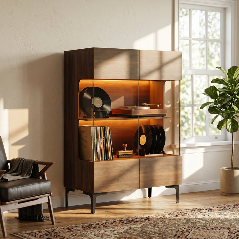 Cabinet audio avec lumière chaude - porte en verre trempé, 4 tablettes