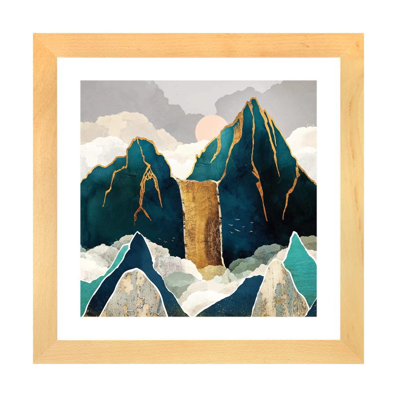 Golden Waterfall - impression d'art graphique, Blanc, H 24 po x l 24 po x p 1 po, Toile avec cadre en bois beige