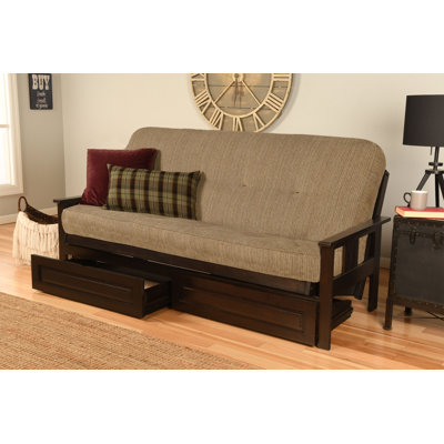 La base de futon pleine grandeur Stratford comprend des tiroirs de rangement et un matelas