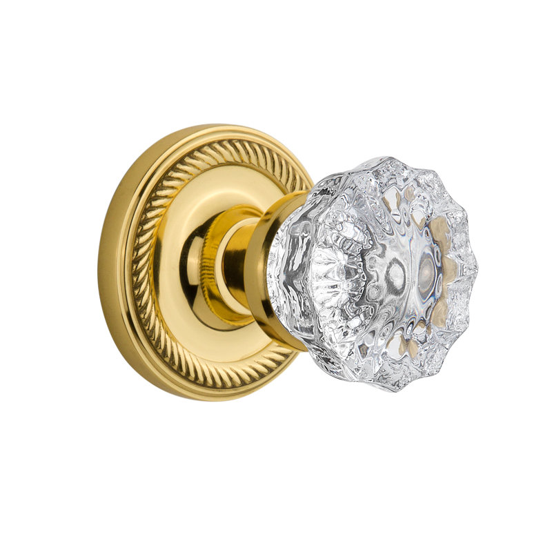 Bouton de porte de mortaise intérieure en cristal transparent avec rosette en corde, Laiton poli