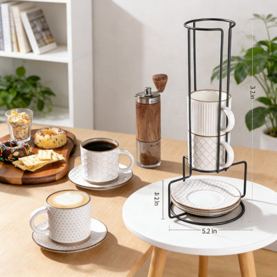 Ensemble de 4 tasses à café en céramique avec support et soucoupes, 6 tasses texturées modernes pour espresso, café au lait, thé, lave-vaisselle et micro-ondes