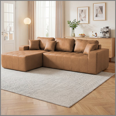 Canapé-lit de coin en similicuir avec méridienne à compression, canapé modulaire en L avec éponge haute densité, canapé convertible sans assemblage requis pour le salon, appartement, chambre d'amis (brun clair)