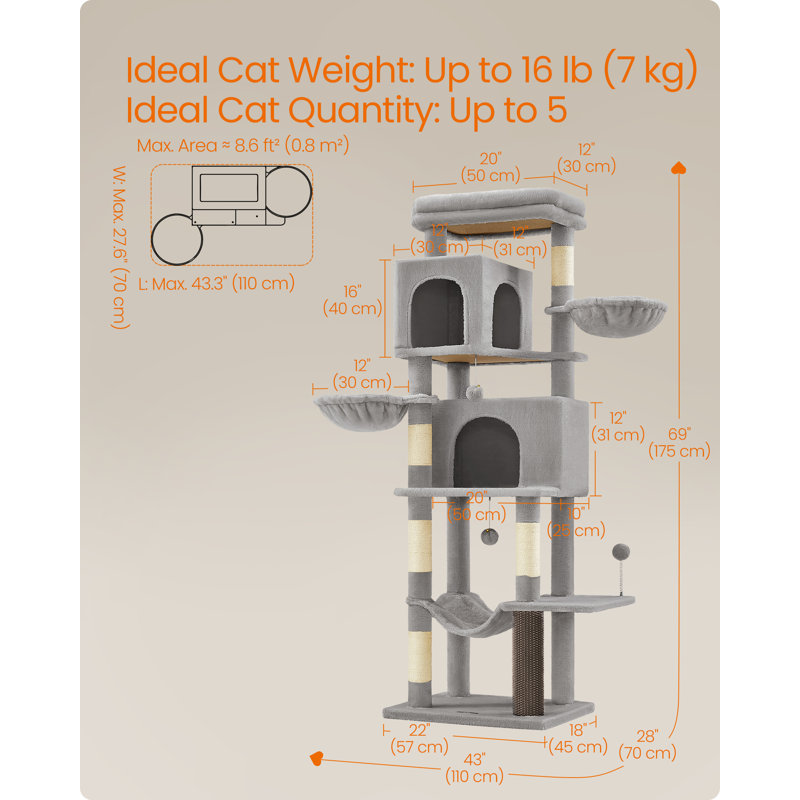 175cm H Cat Tree, Dove Grey