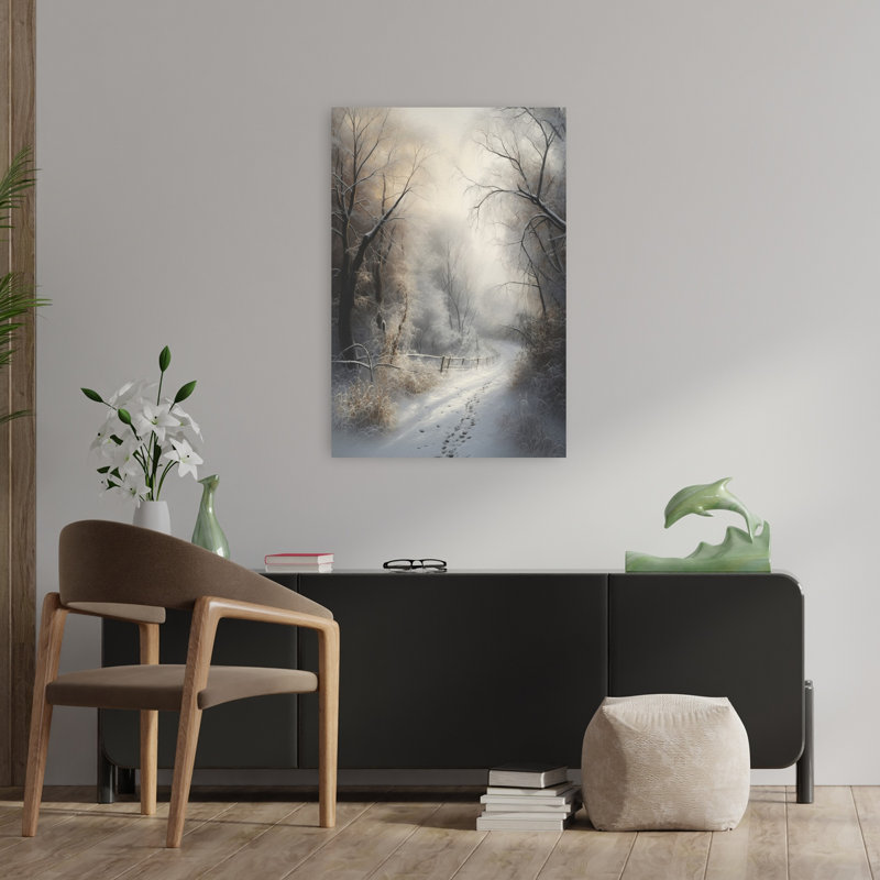 «Enchanting Snowy Path Peaceful Rustic Serene Forest Nature», art mural, H 36 po x l 24 po