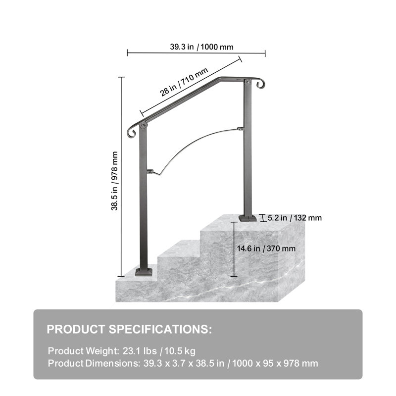Iron Handrail Arch Step Hand Rail Stair Railing For Paver Outdoor, 97.8cm H x99.8cm W x 13.2cm D