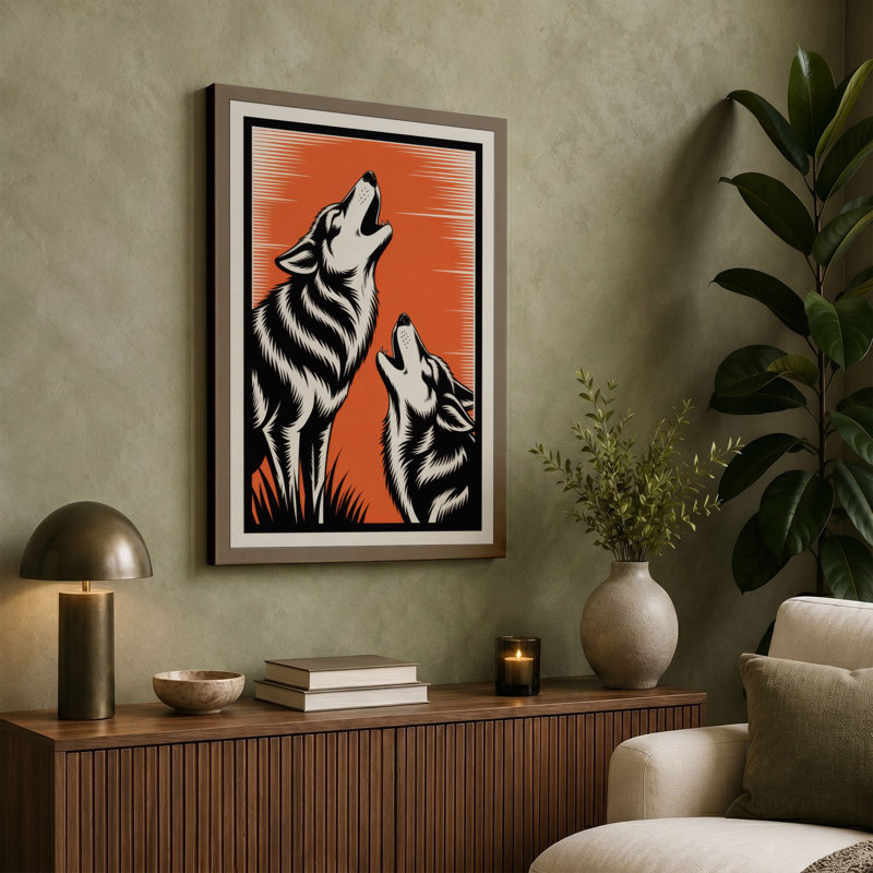 Wolves in Orange Light Graphic Art - Wrapped Canvas, 18x12 - 45.7 x 30.5 cm, Cream Border