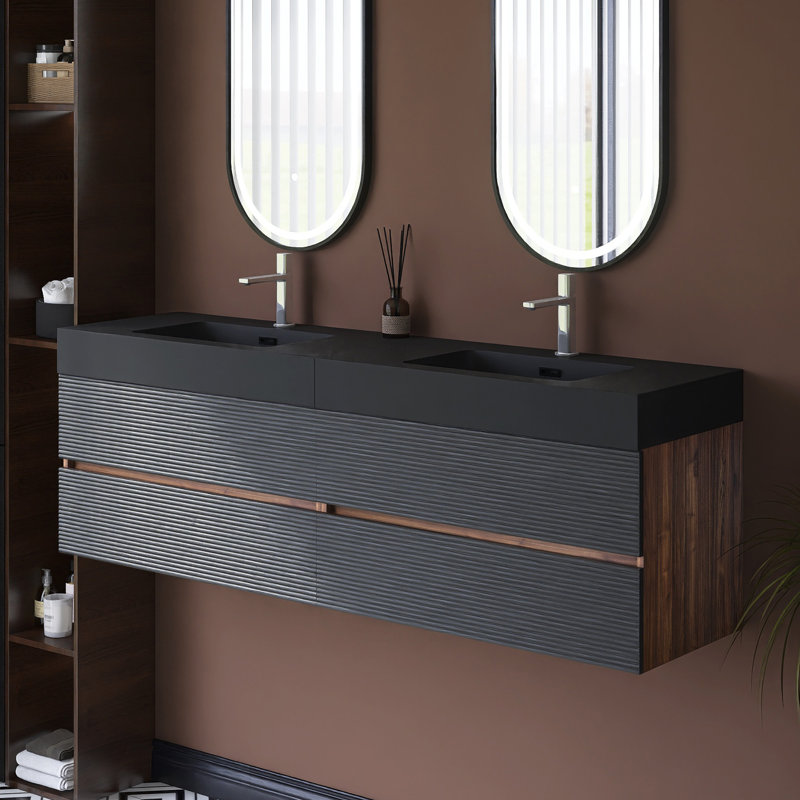 Wall-Mounted Bathroom Vanity With Integrated Solid Surface Basin, 72"