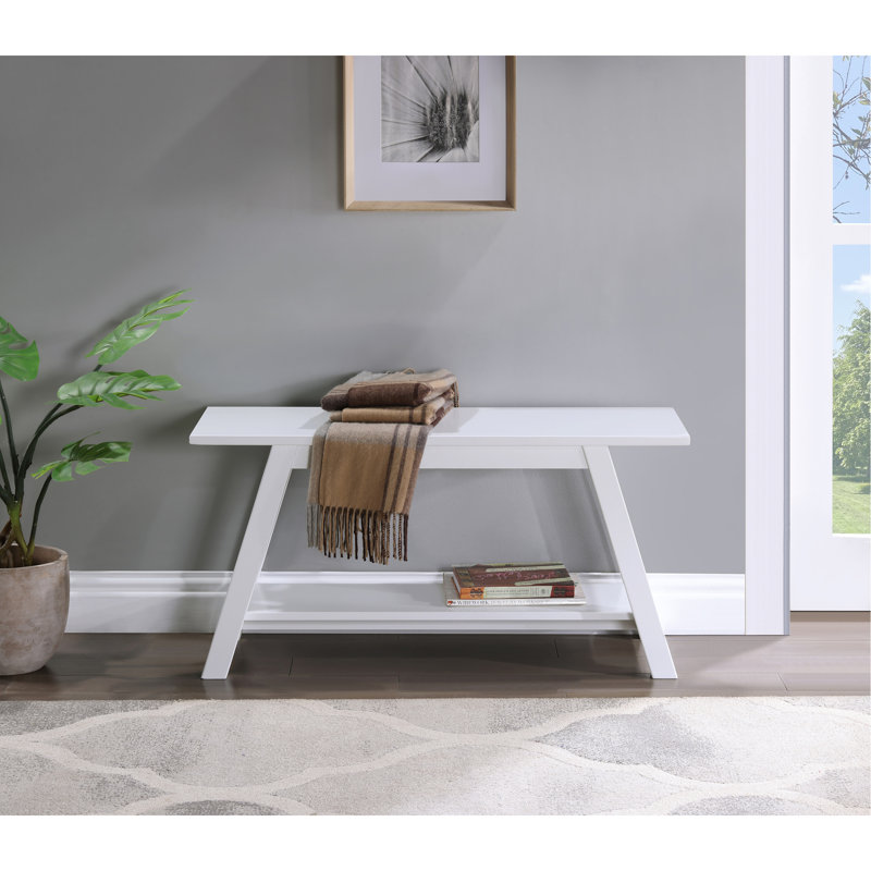 Solid Wood Bench with Shelf, 36.10-Inch Long, White