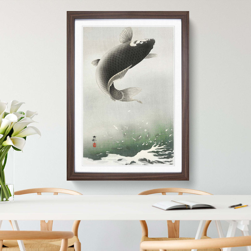 Leaping Carp Fish by Ohara Koson - Picture Frame Painting Print, 65cm H x 48cm W x 2cm D, Walnut Framed