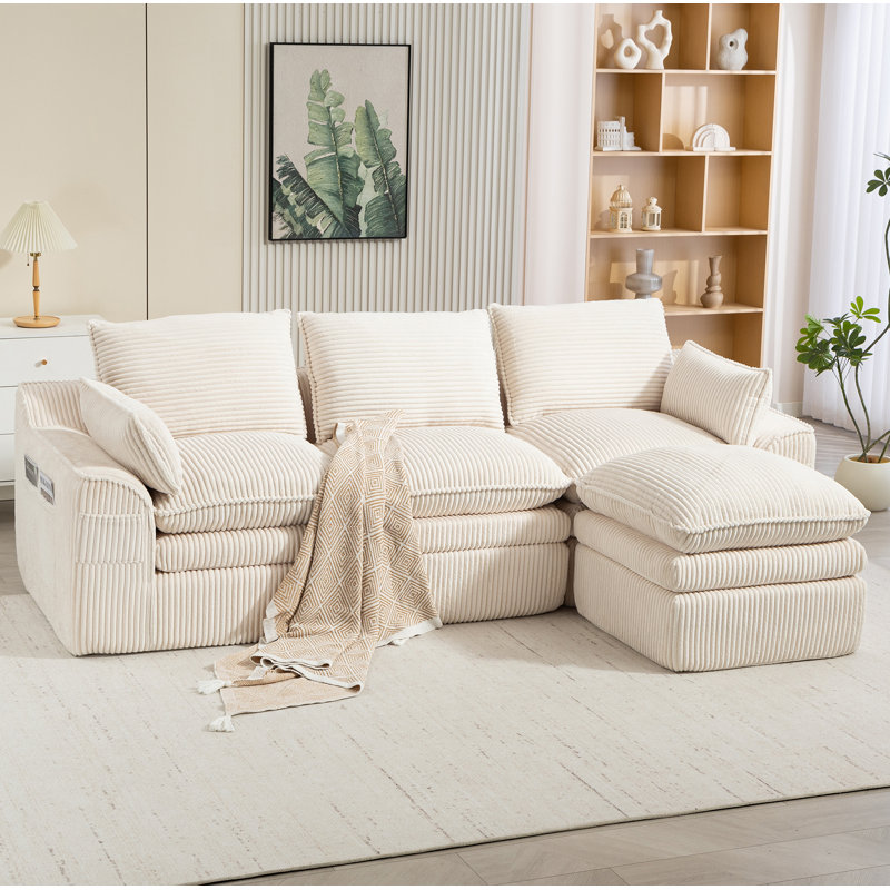 Canapé modulaire en L compressé modulaire en L recouvert de velours côtelé rembourré avec dossier sans repose-pieds, trois coussins et deux coussins lombaires, coussins de siège amovibles