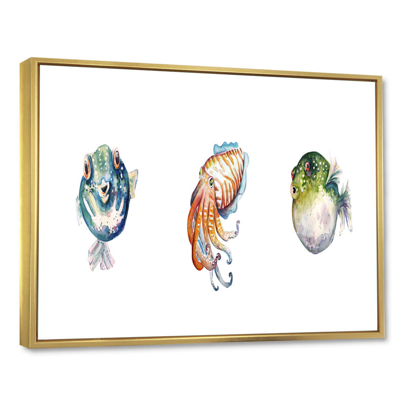 Aquarelle, croquis de poisson, art nautique et côtier, H 12 po x l 8 po x P 1 po, Cadre flottant doré