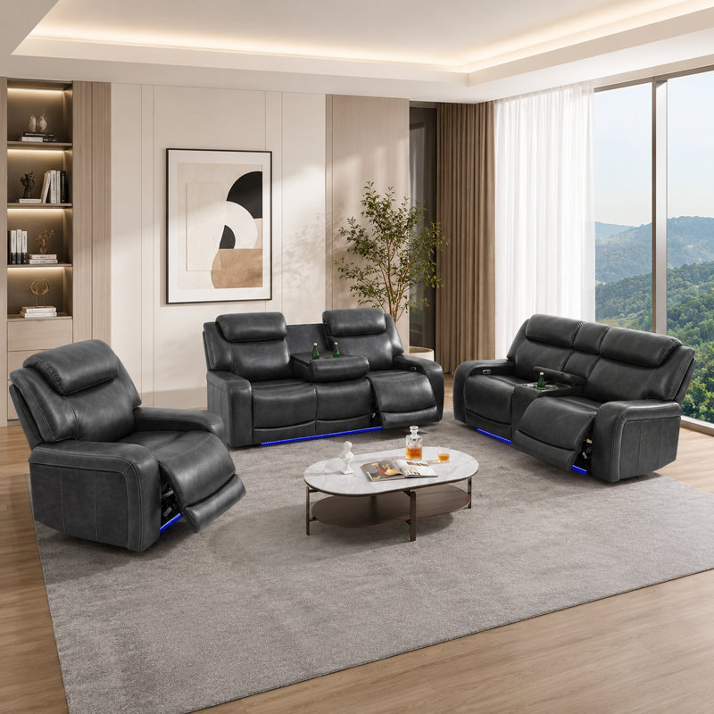 Ensemble de canapés 3 pièces Menlo en cuir respirant de luxe, inclinables électriquement, avec éclairage DEL bleu, console de rangement, table rabattable et porte-gobelets.