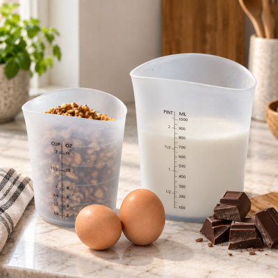 Ensemble de 2 tasses à mesurer en silicone avec bec, 1 tasse et 2 tasses à mesurer liquides OGGI, ensemble de tasses à mesurer flexibles allant au micro-ondes pour faire fondre le beurre et le chocolat, métrique et impérial