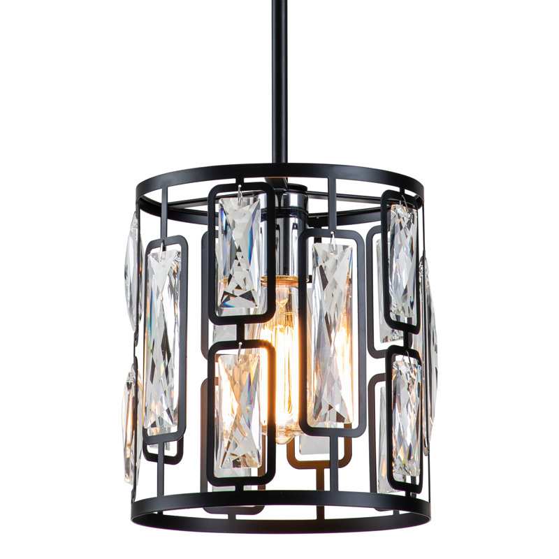 Modern Crystal 8.75"W in Black Dimmable & Adjustable Height Pendant Light