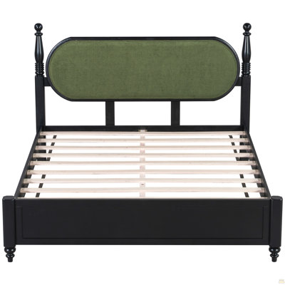 Queen Bed Frame, Solid Wood Platform with Slats, Green & Black Upholstered Headboard, Modern No Box Spring Needed