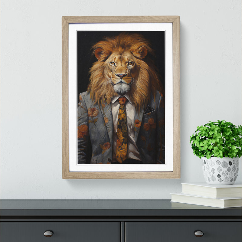 Lion In A Suit Painting No.3 - Single Picture Frame Print on Wood, 64cm H x 46cm W x 2cm D, Oak Framed