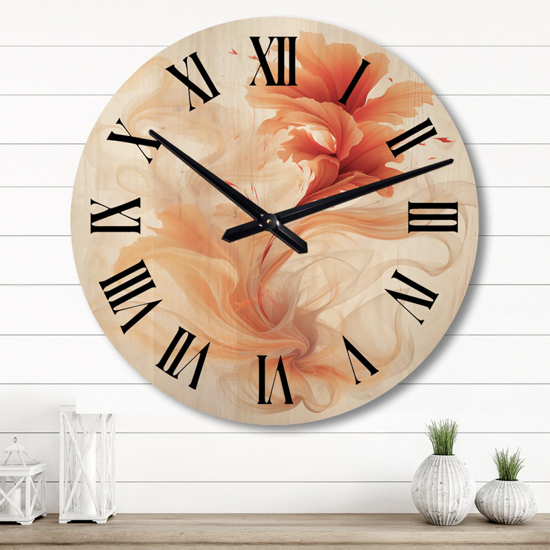 Horloge murale abstraite à encre liquide en bois - Aquarelle florale moderne orange, Grand