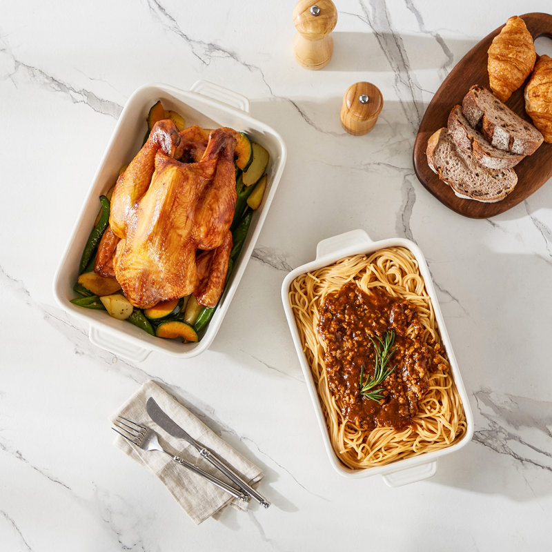 2-Piece Sesame Glaze Two-Tone Ceramic Baking Dish Set, Khaki & Cream Casserole Pans for Oven-to-Table Serving