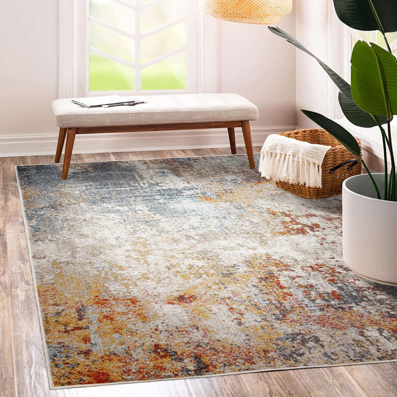 Tapis en polypropylène tissé à la machine à motif abstrait en crème / brun / gris, Rectangle 3 pi 3 po x 4 pi 11 po
