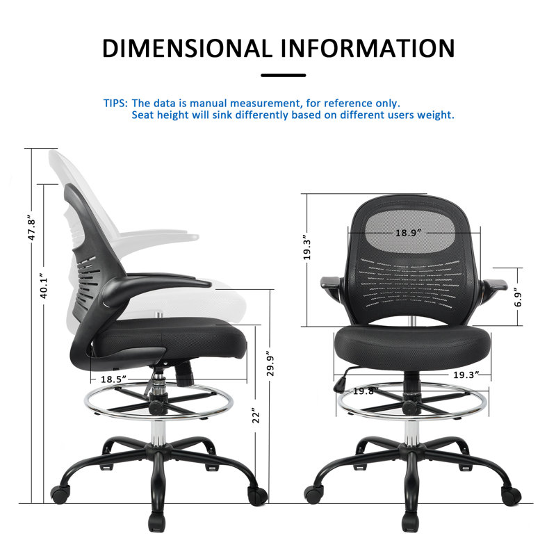 Jhael Ergonomic Mesh Drafting Chair with Flip-Up Arms - Swivel Rolling Home Office Chair for Architects, Black