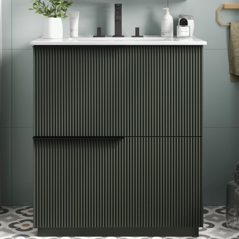 Bathroom Vanity with Ceramic Sink, 2 Drawers and metal handles, Green