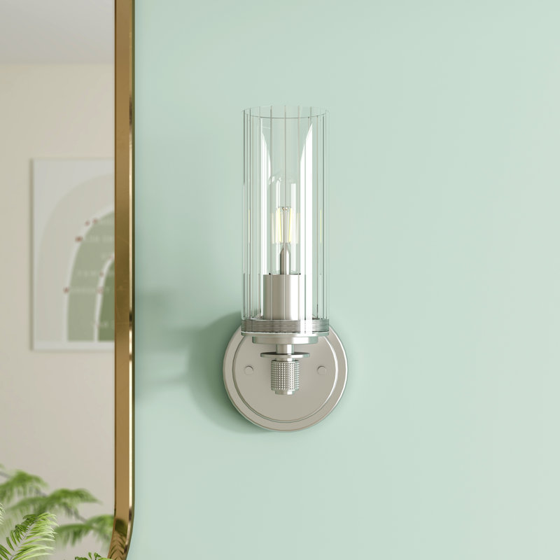 Ophilia 1-Light Farmhouse Dimmable Wall Sconce in Brushed Nickel with Clear Striped Glass Shade, Brushed Nickel