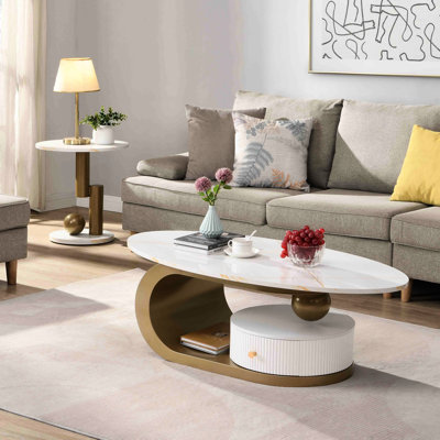 2 Modern Coffee Table In Golden - Living Room Oval And Round Tables With Resilient Metal Build Faux Marble Plastic Drawer Easy Assembly Made Known Essentials Robust Frame & Underlined