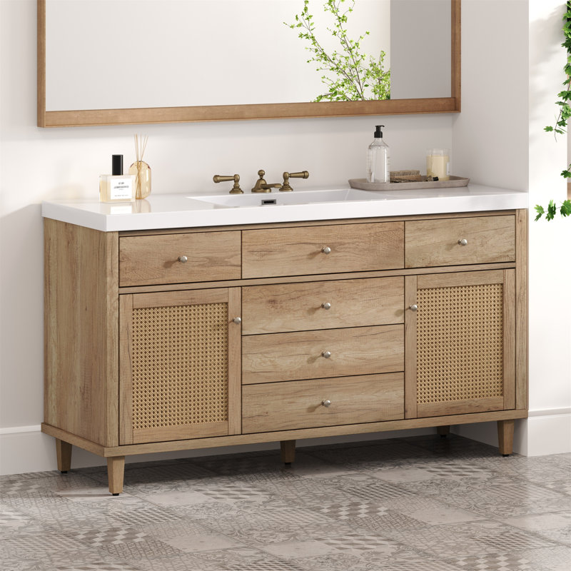 Van ity Meuble-lavabo moderne 60 po Sm - Lavabo en Smc, grand rangement avec tiroirs à fermeture en douceur, portes en rotin et boutons en métal argenté