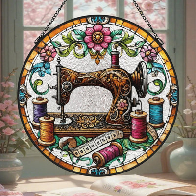 Panneaux en vitrail vintage en forme de machine à coudre, attrape-soleil pour la décoration de fenêtre