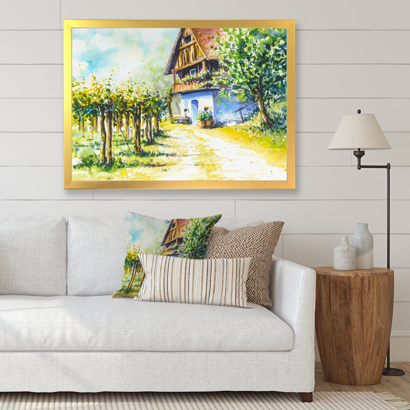 Maison près du vignoble - Peinture sur toile, H 17,5 po x l 33,5 po, Cadre doré