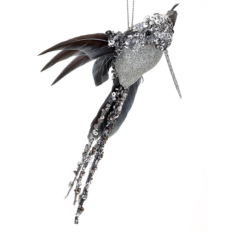 Ornement suspendu à paillettes et paillettes et colibri perlé, Gris argenté