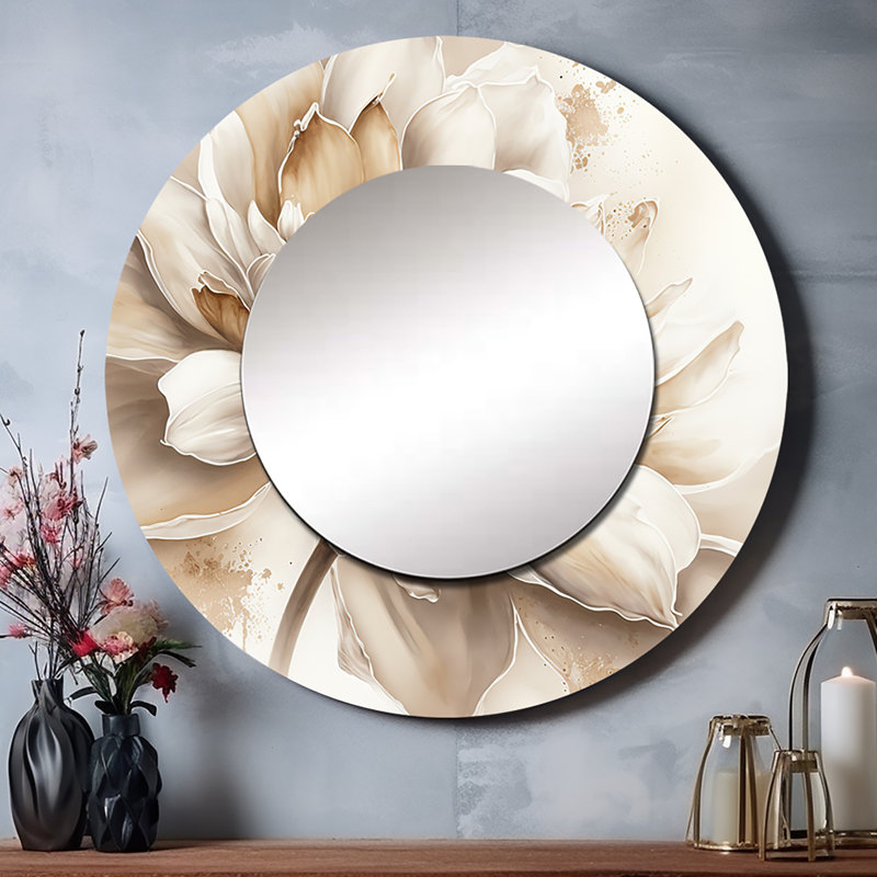 Shawntasia simple fleur beige III - miroir mural floral, miroir rond rond beige, impression d'art en métal, 36 po x 36 po