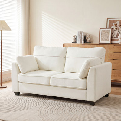 Petit canapé moderne avec causeuse, canapé modulaire à 2 places avec coussin de dossier confortable, accoudoirs biseautés, 2 coussins pour le salon, la chambre à coucher, les petits espaces, les appartements, le chenille, le beige