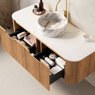 White Round Ceramic Basin 48" Bathroom Vanity, Wall - Mounted 2 Drawer Storage Cabinet, Natural Wood Grain, Pre Assembled And Design Sink With Stone Pattern, Grain Soft Close Slides