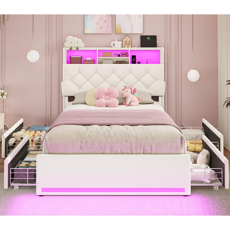 Lit plateforme tapissier avec rangement, Lit simple, Blanc